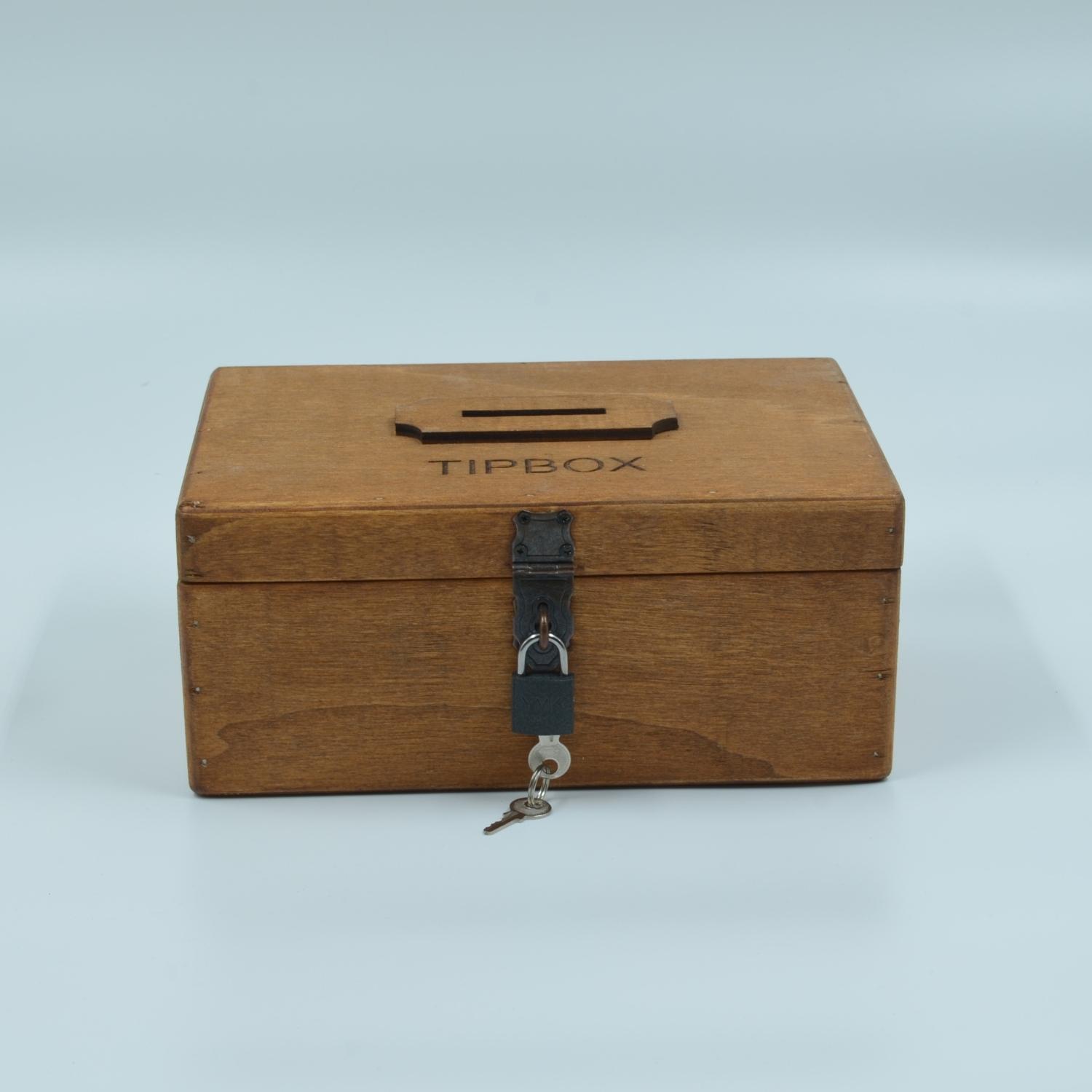 Tipbox Ahşap Bahşiş Kutusu Oyma Yazılı Kilitli 24x16x10 Cm