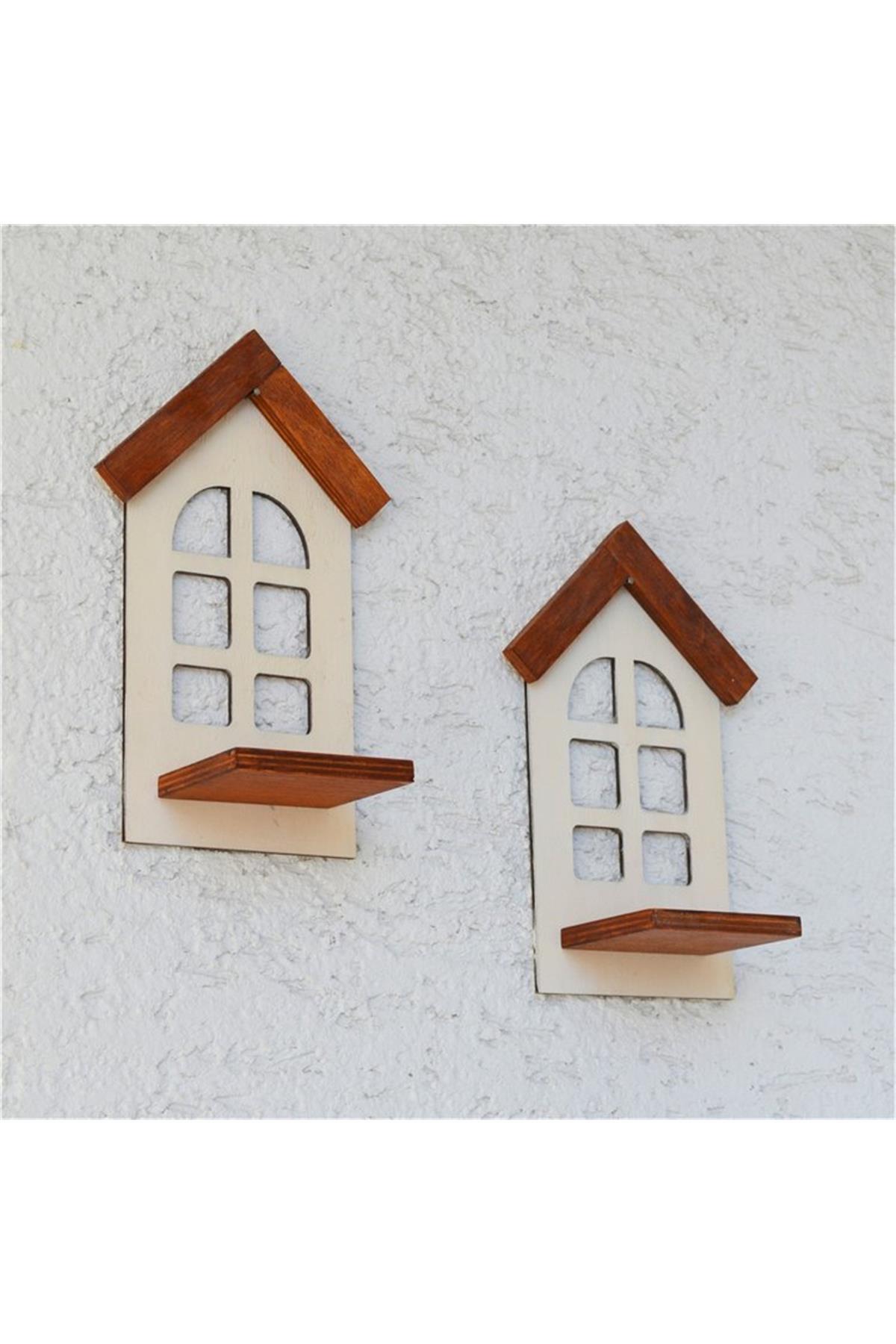 Ev Formlu Duvar Mumluğu Seti 26X12cm 2Li Dekoratif Ahşap Mumluk