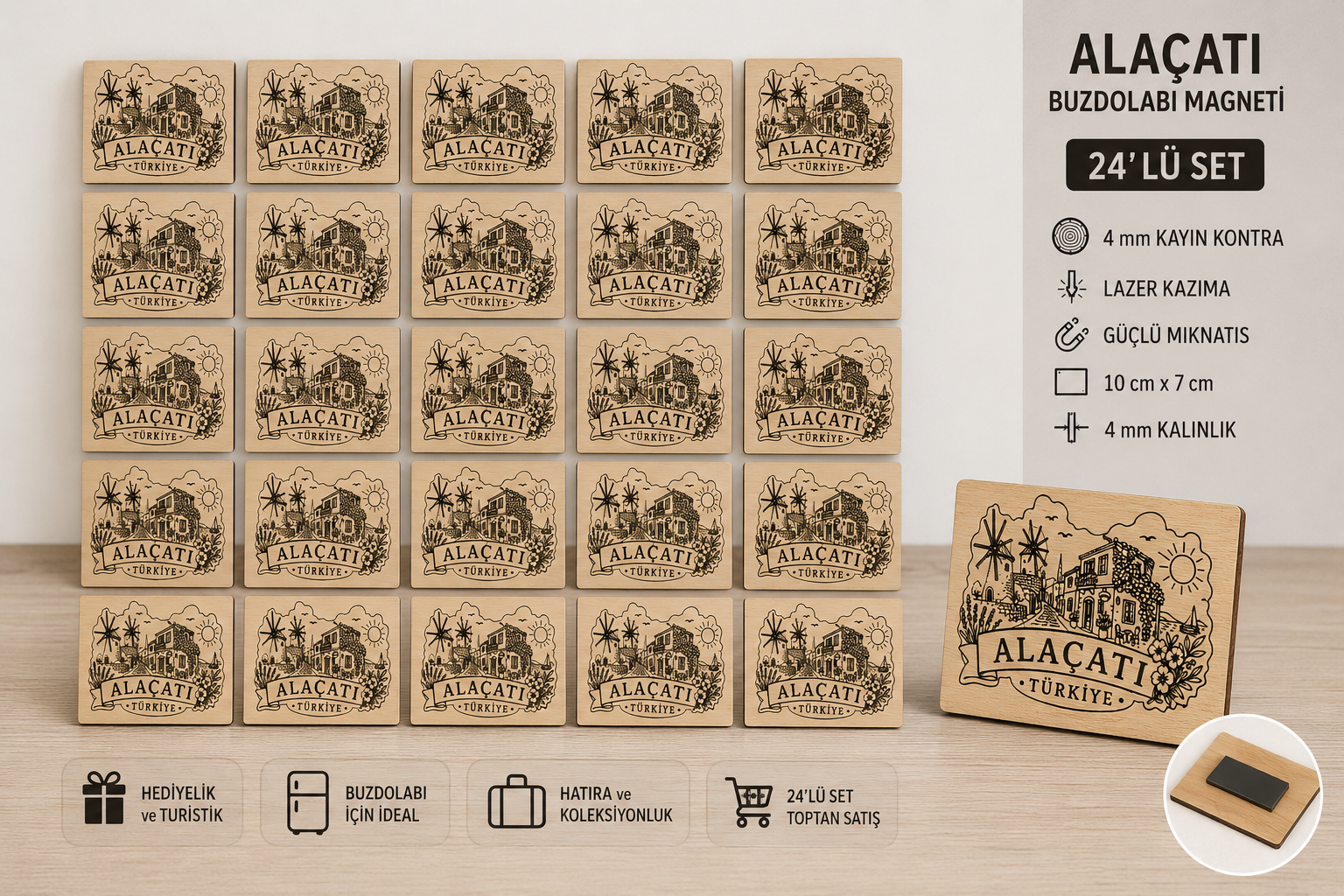 Alaçatı Buzdolabı Magneti 24'lü Set | 10x7 cm Ahşap Lazer Kazıma 4 mm